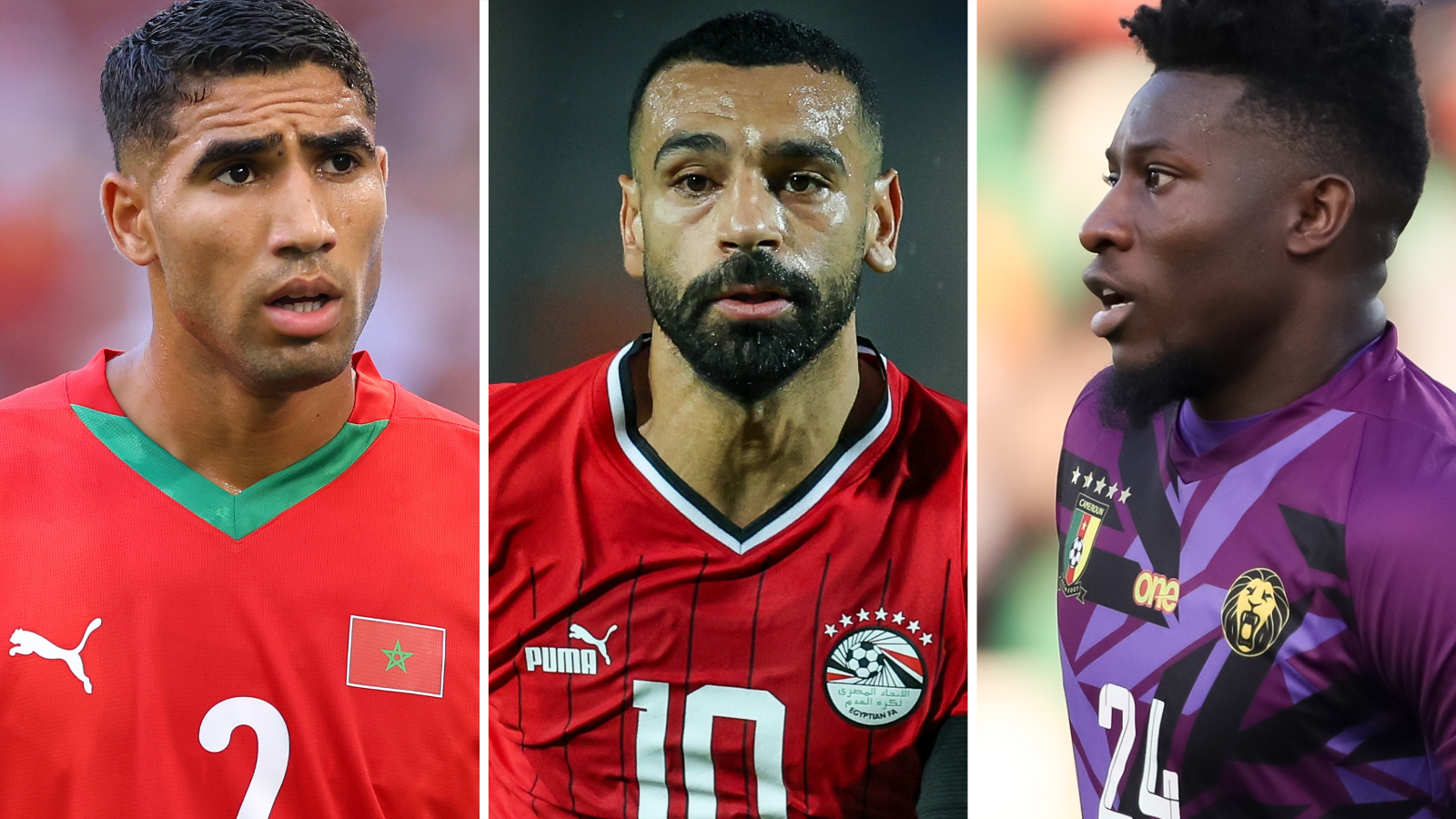 A triptych containing three vertical panels showing Achraf Hakimi, Mohamed Salah and Andre Onana in action for Morocco, Egypt and Cameroon respectively, with Hakimi and Salah in red and Onana in purple.