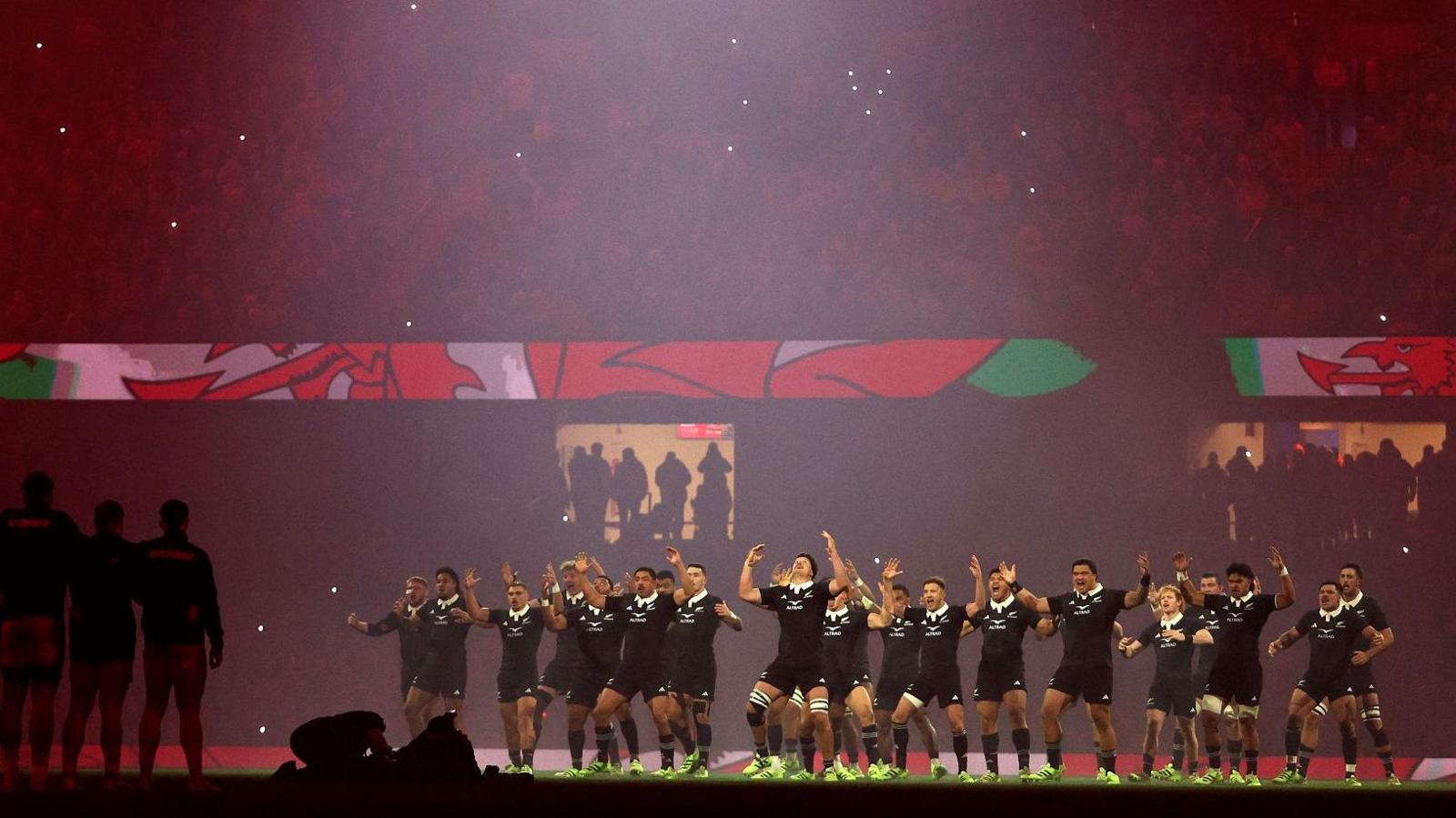 New Zealand perform the haka under the Principality Stadium lights
