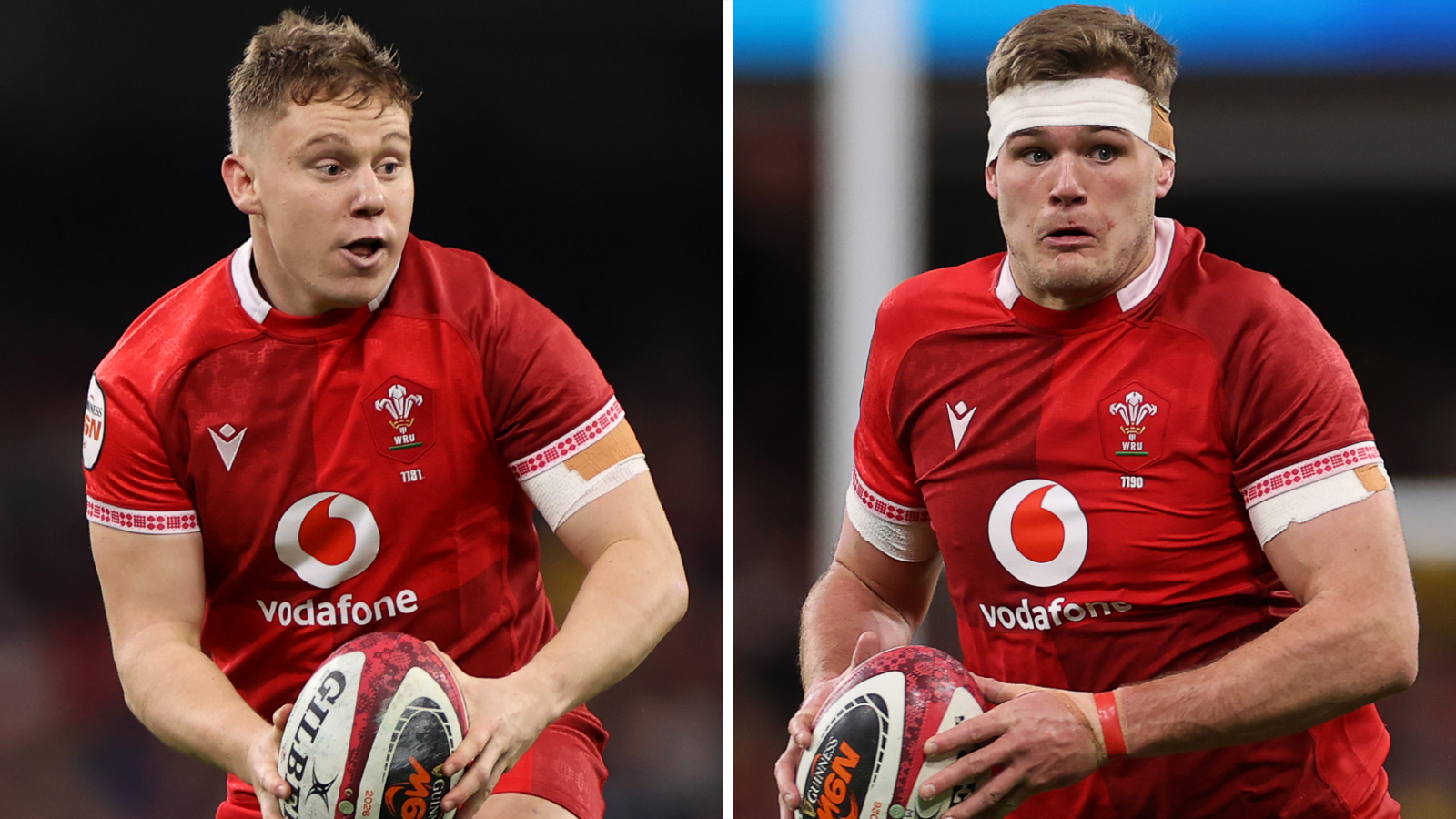 Pictures of Sam Costelow (right) and Taine Plumtree (left) both with ball in hand playing for Wales