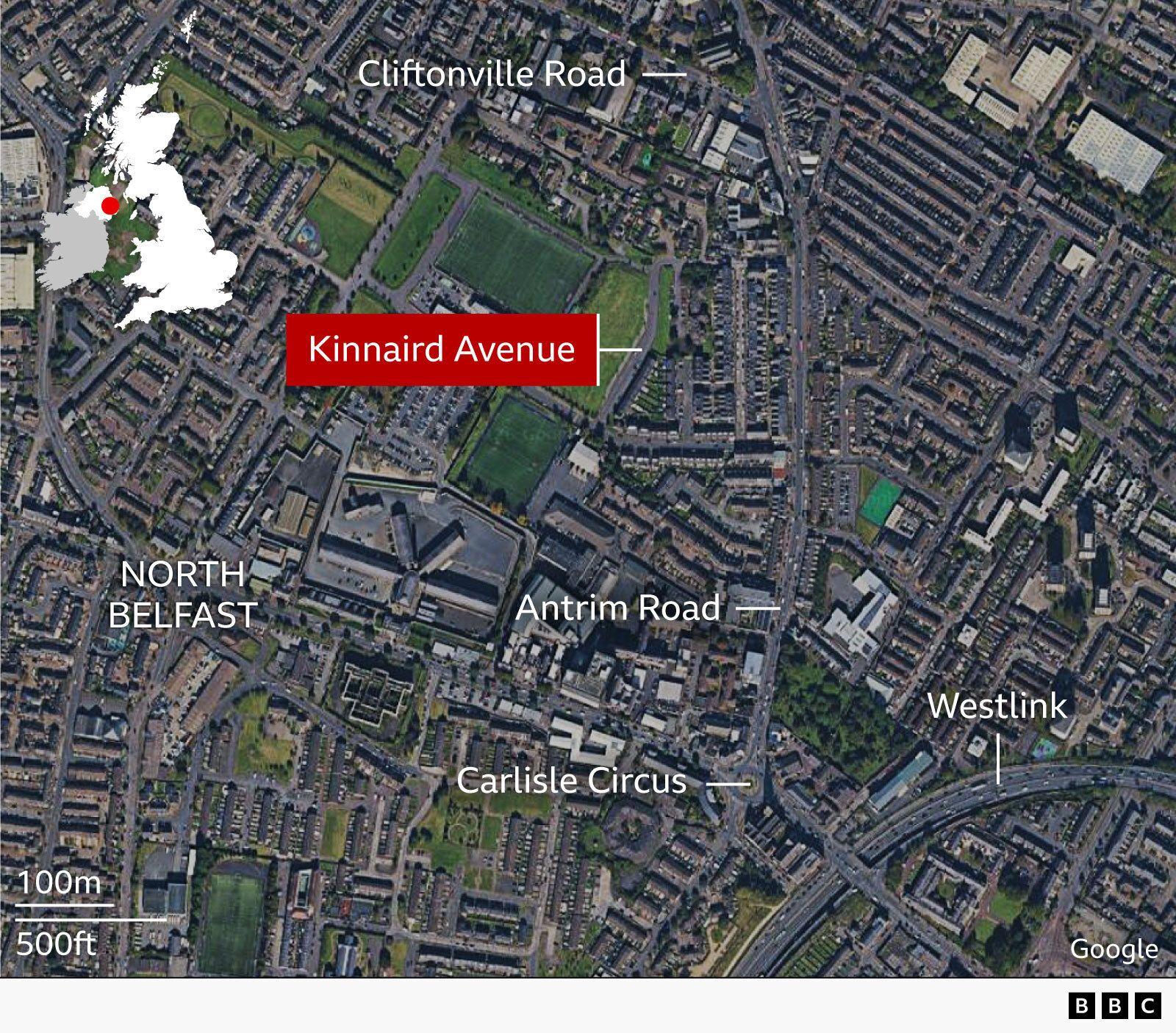 Belfast map with Kinnaird Avenue, where the knife attack took place, highlighted in red.