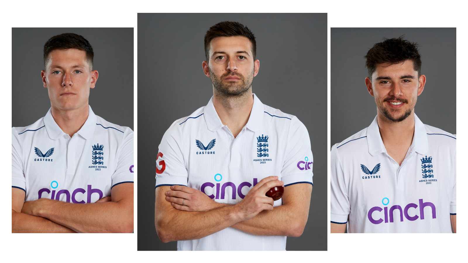 Left to right: Matthew Potts, Mark Wood, Josh Tongue during an England Test kit photoshoot