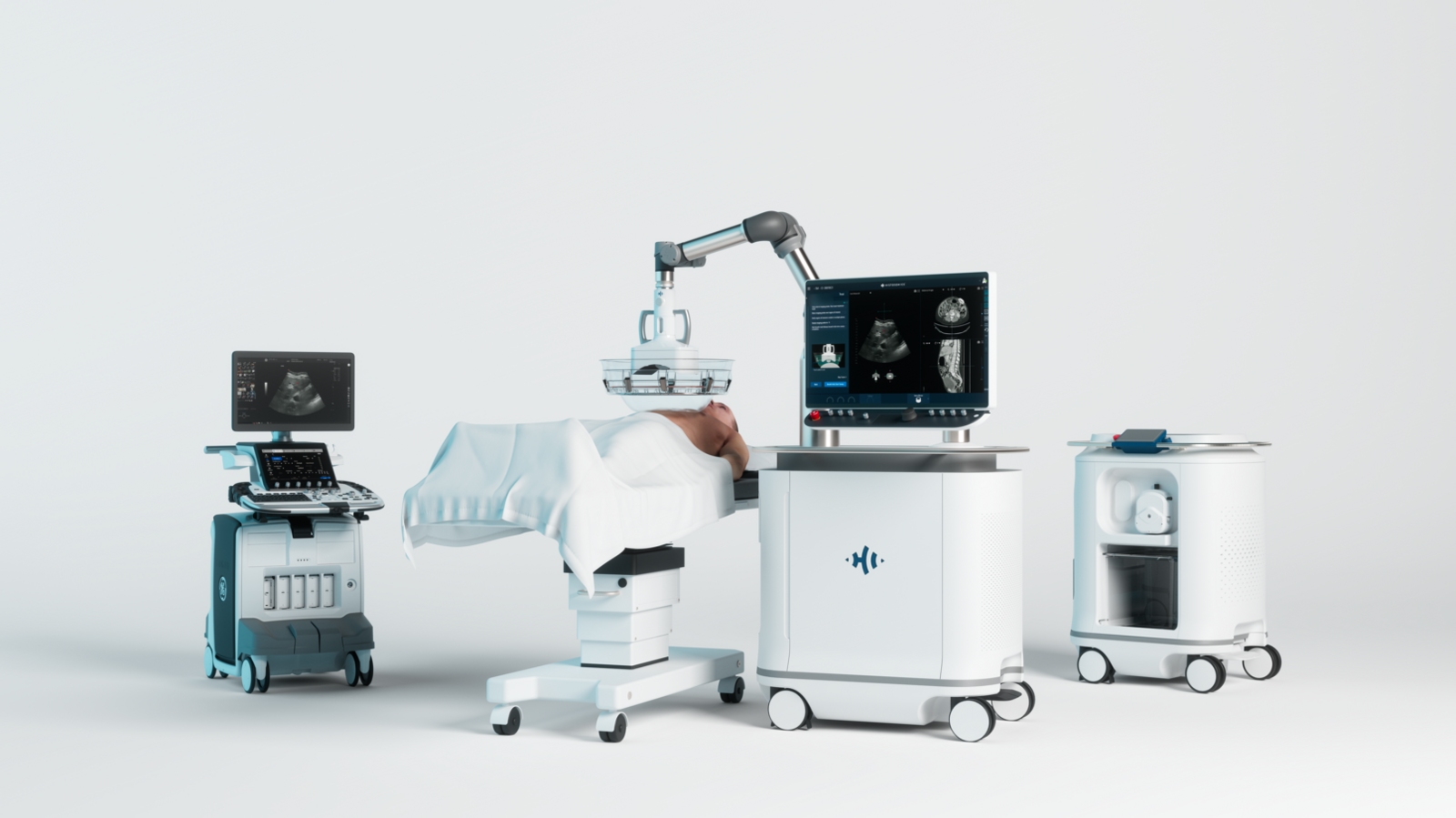 An illustrative image of a person on hospital bed with a machine over the top of them. Next to them is an ultrasound screen and a computer.