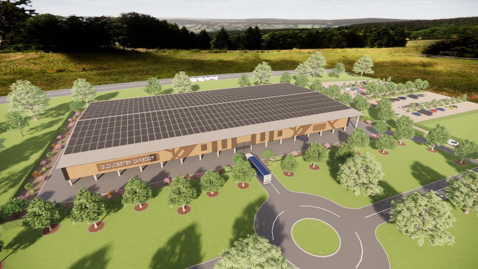 A CGI generated image of a building on the Gloucester Carboot Site which has solar panels covering the roof and the roads leading into it. 