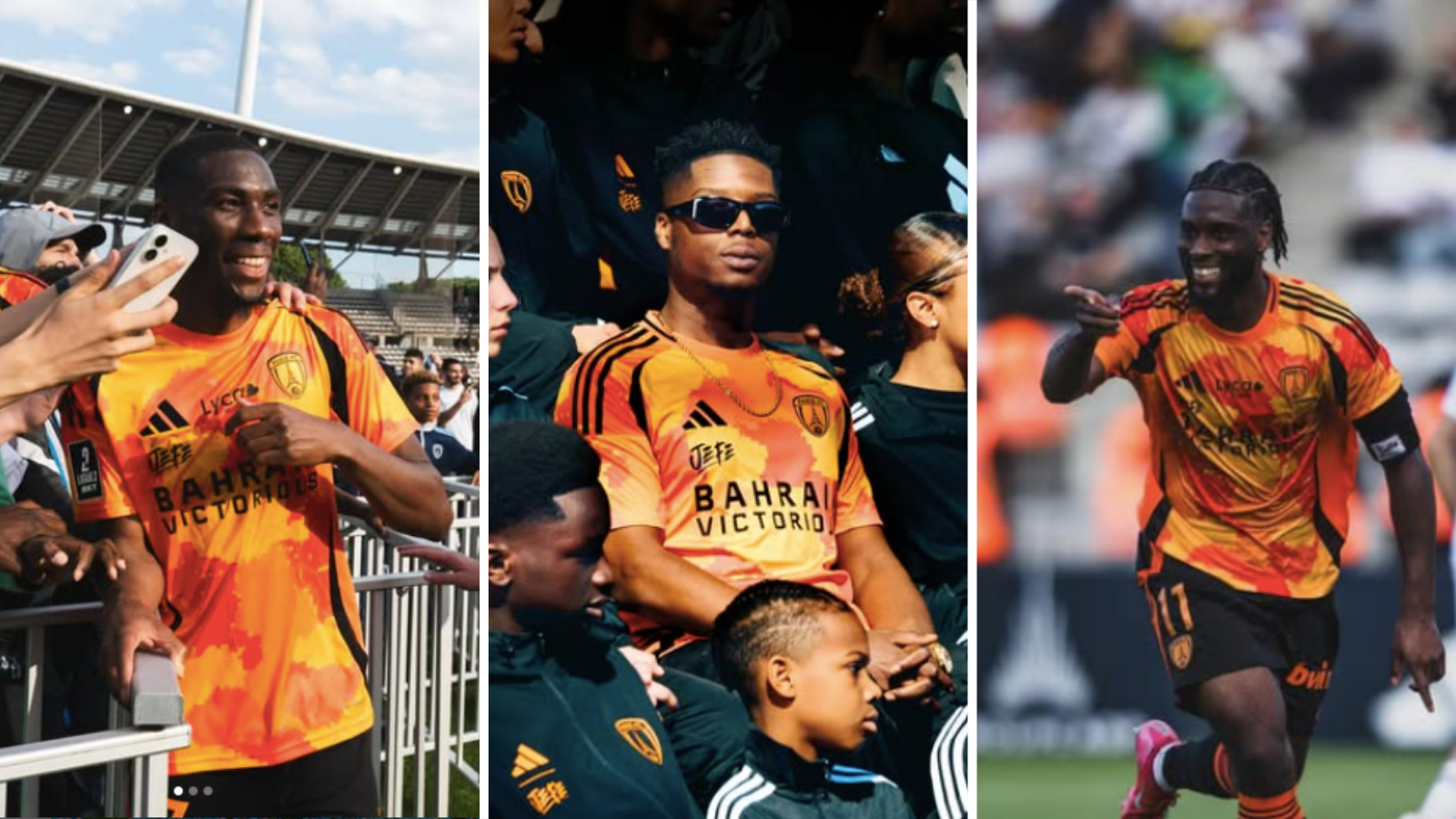 Adama Camara, French rapper Ninho and Jean-Philippe Krasso wear new Paris FC third kit.