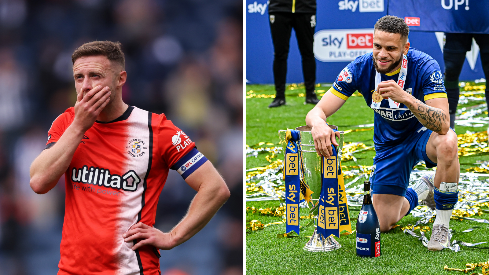 A side-by-side of Luton Town's Jordan Clark looking disappointed next to AFC Wimbledon's Marcus Browne with the play-off trophy and his winners medal