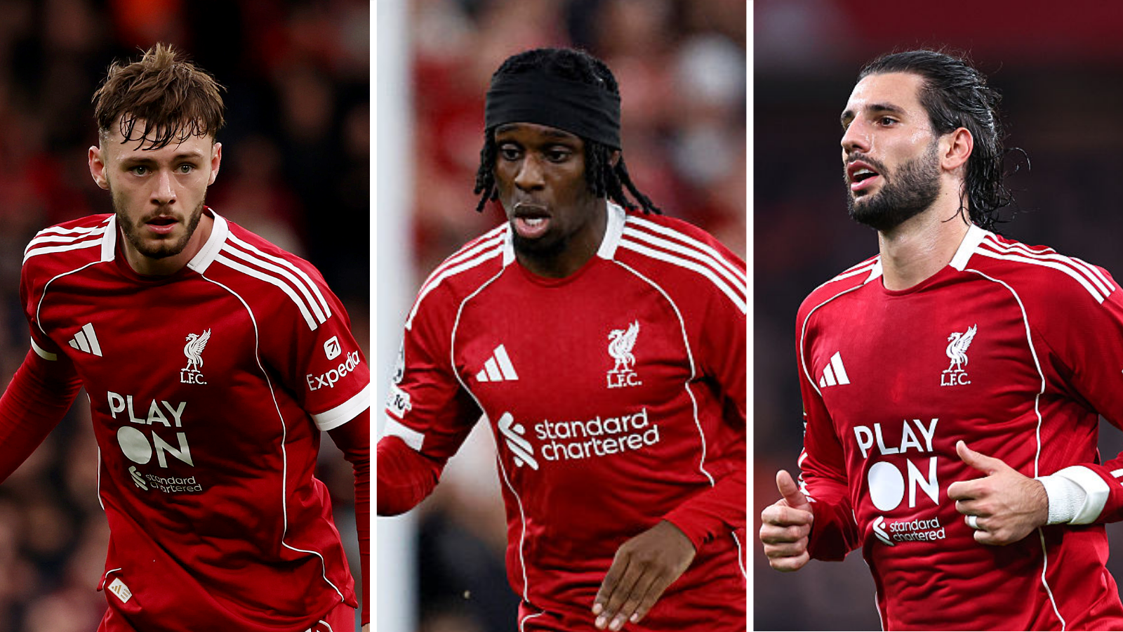 Conor Bradley, Jeremie Frimpong and Dominic Szoboszlai