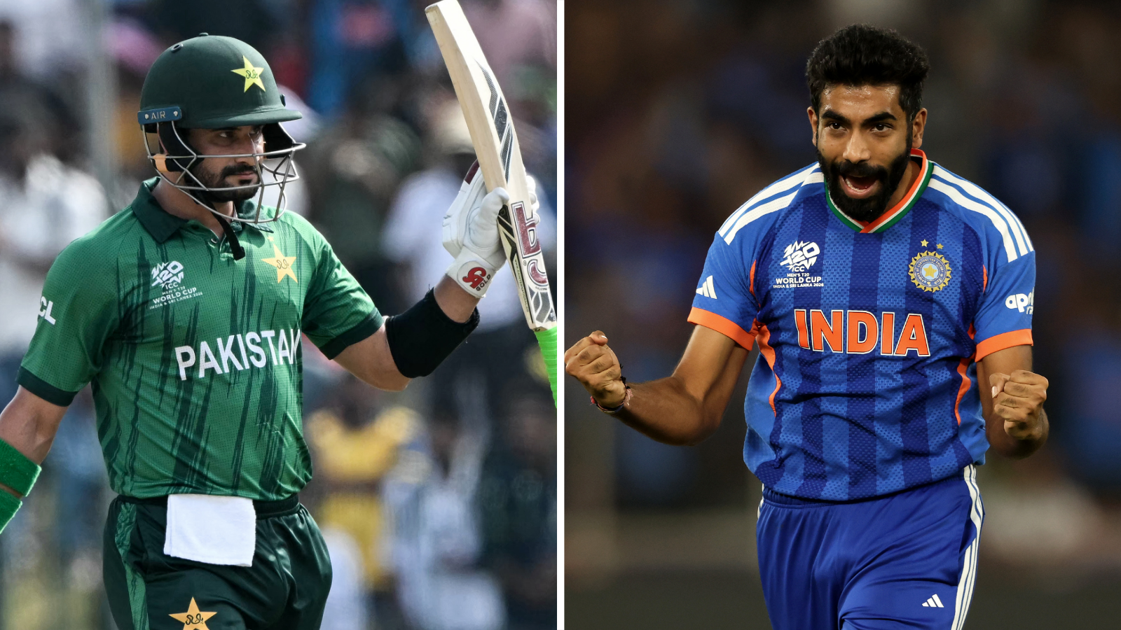 A split picture of Pakistan's Sahibzada Farhan holds his bat up to ackowledge a fifty and India's Jasprit Bumrah pumps his fist after taking a wicket