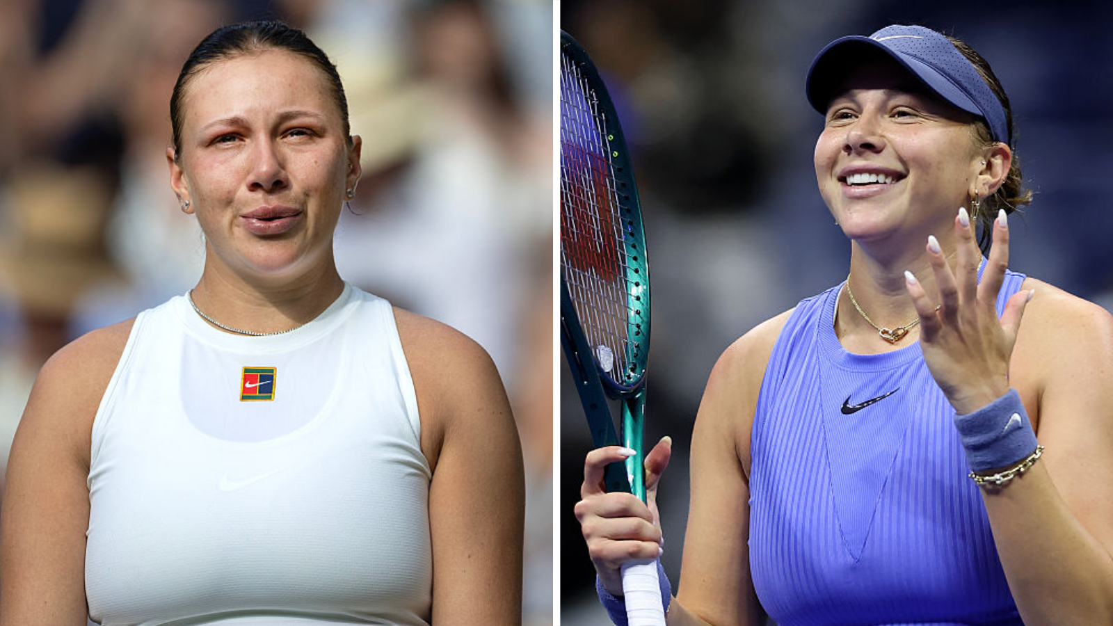 A split image of Amanda Anisimova at Wimbledon and during the US Open
