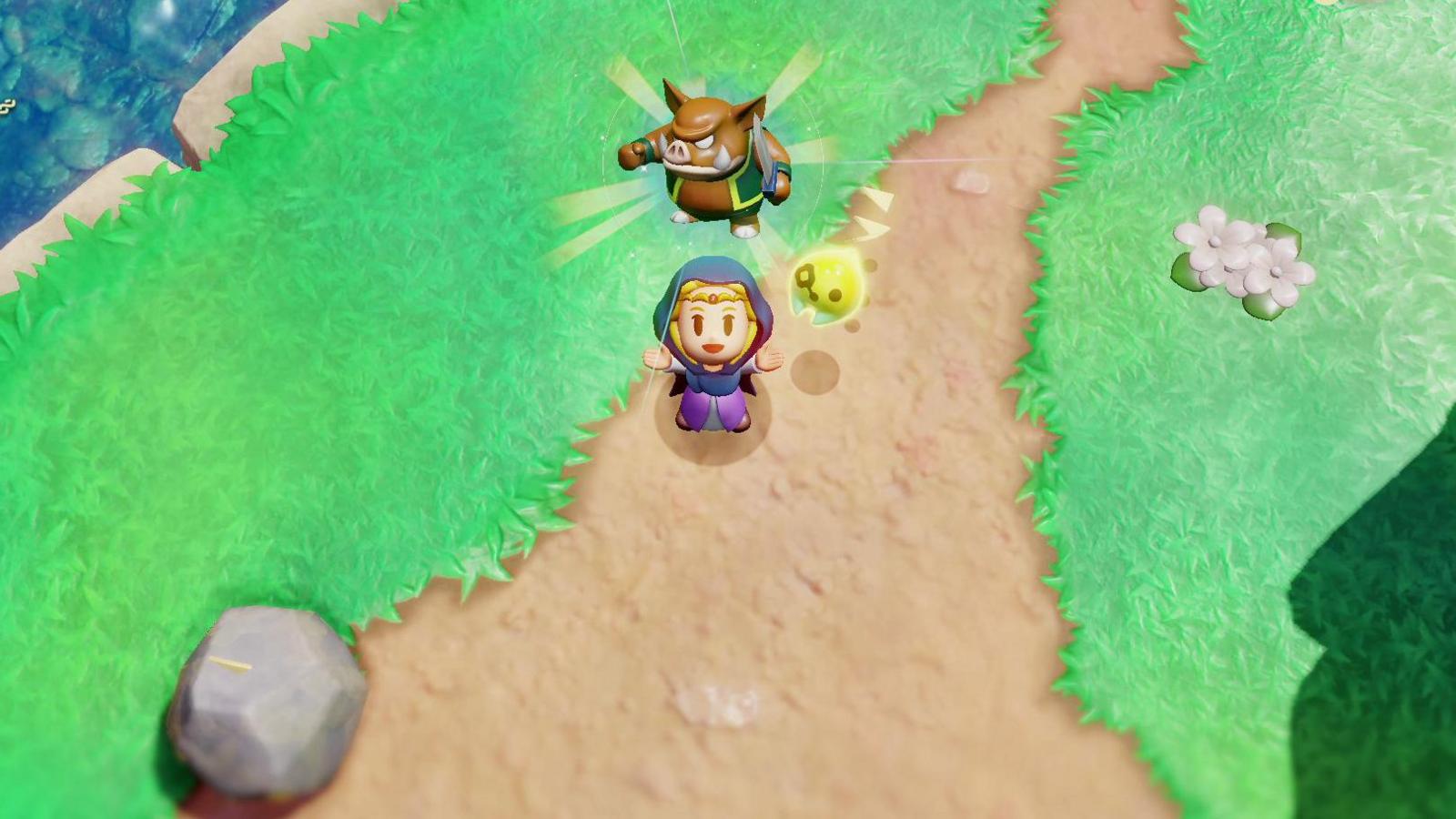 Screenshot shows a top-down view of Princess Zelda wearing a navy blue cloak and standing on a dirt path surrounded by grass at the edge of a river. She's flanked by Tri - a floating, yellow, ball-shaped companion. She's looking at the sky, arms spread in a celebratory pose, and an icon of a humanoid pig enemy is floating above her head to show that it's just been captured.