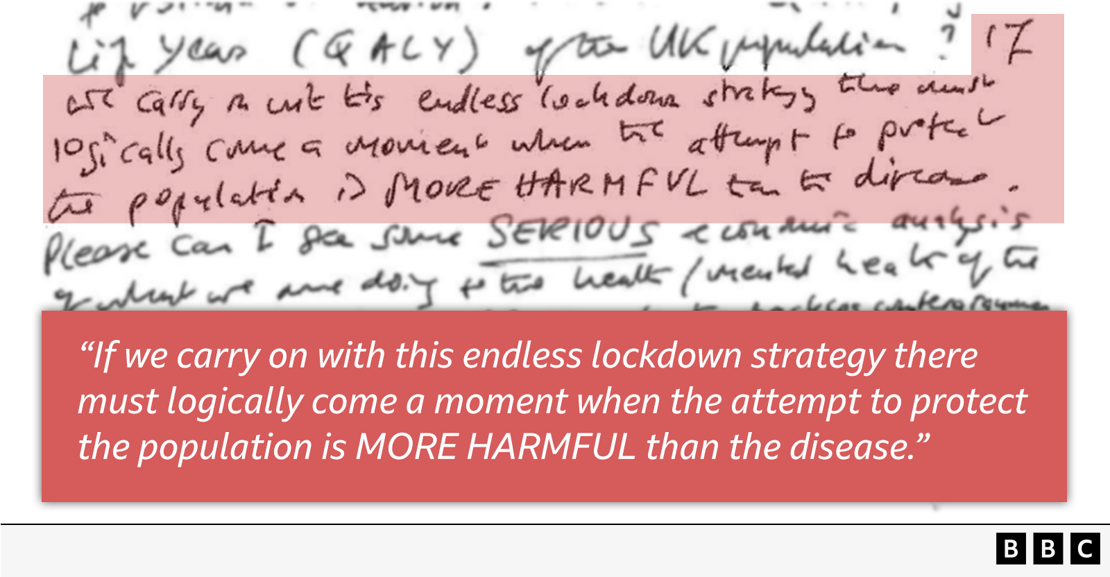 Hand-written note from Boris Johnson with the sentence highlighted saying: “If we carry on with this endless lockdown strategy there must logically come a moment when the attempt to protect the population is MORE HARMFUL than the disease."