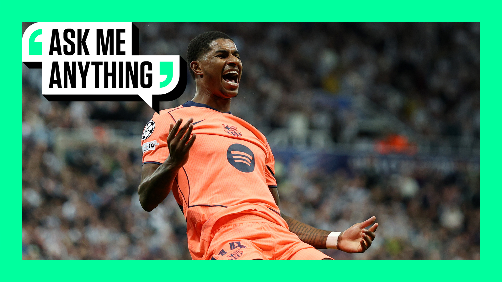 Marcus Rashford celebrating scoring for Barcelona against Newcastle with a green border and 'Ask Me Anything' logo in the top corner