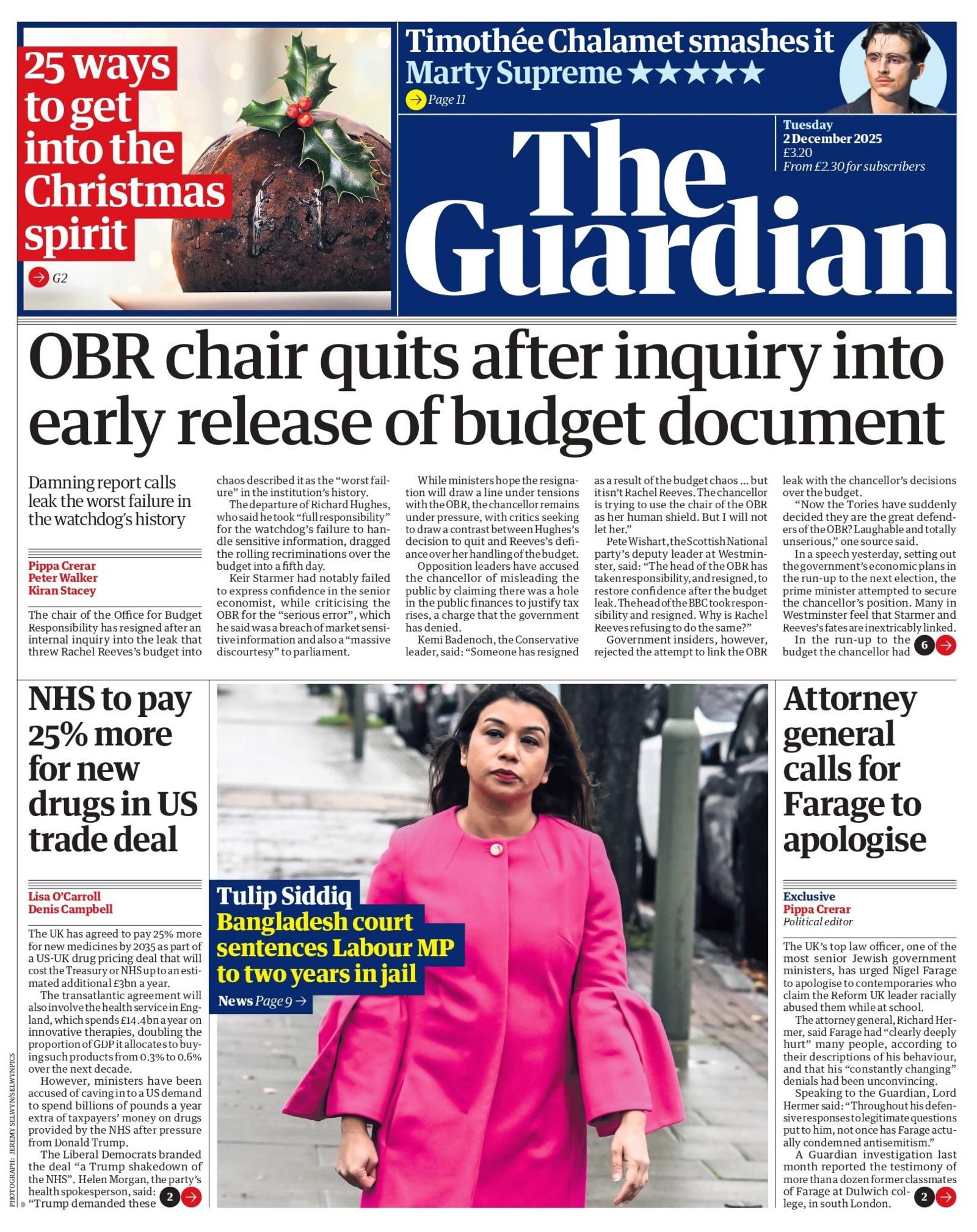 "OBR chair quits after inquiry into early release of budget document" reads the headline on the front page of The Guardian.