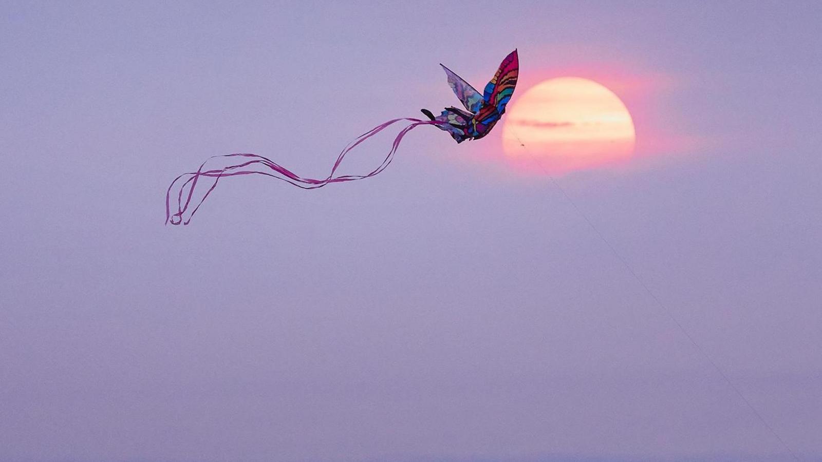 Sunset in Dunstable, Central Bedfordshire, with purplish skies and a butterfly kite flying past the sun's silhouette