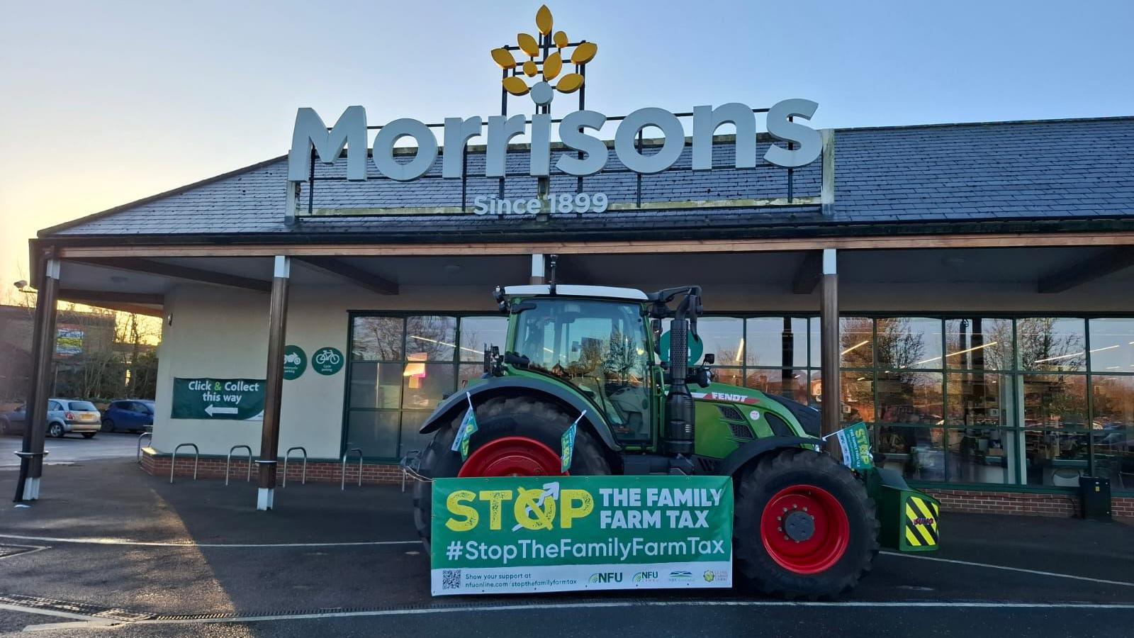 A tractor parked out the front of Morrisons in Wymondham in Norfolk