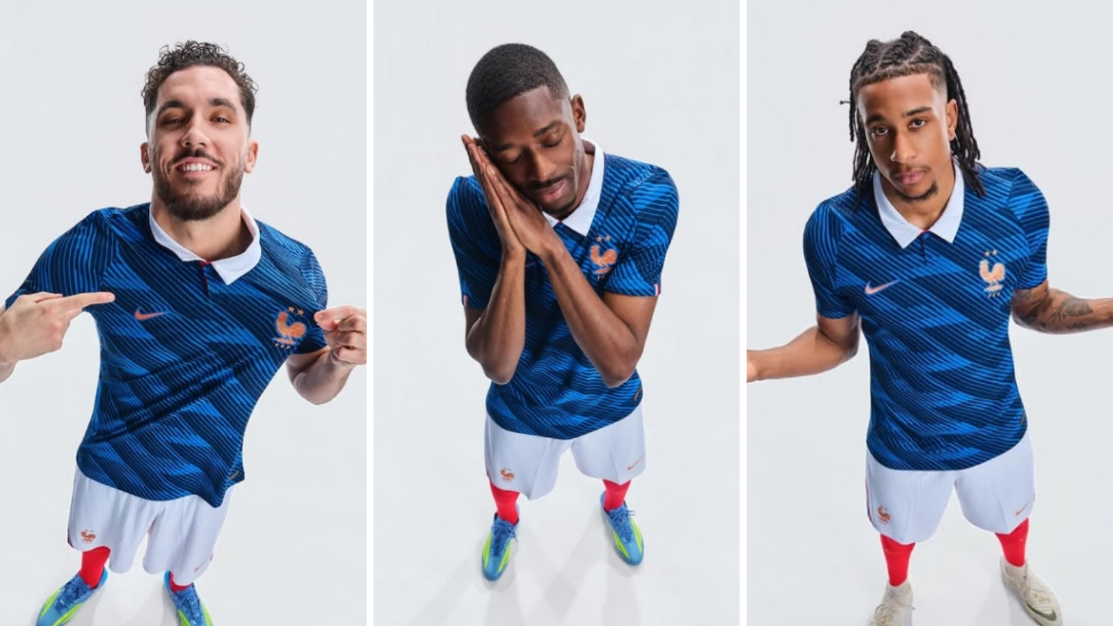 Rayan Cherki (left), Ousmane Dembele (middle) and Michael Olise (right) wear 2026 France home kit.
