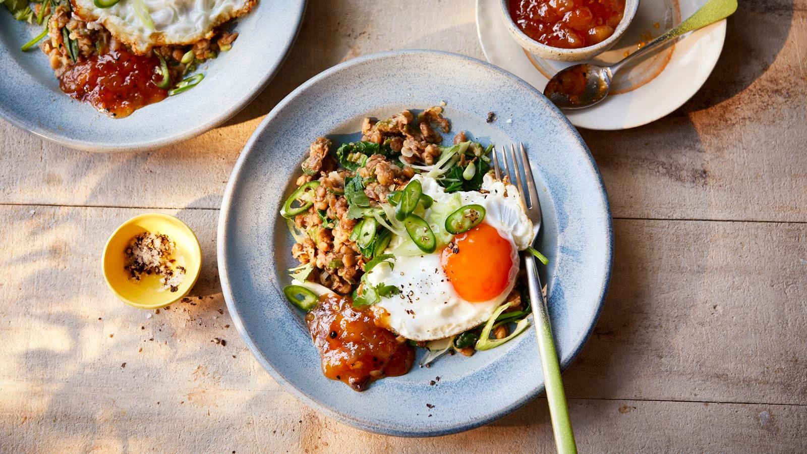 Fried lentils, mango chutney and eggs