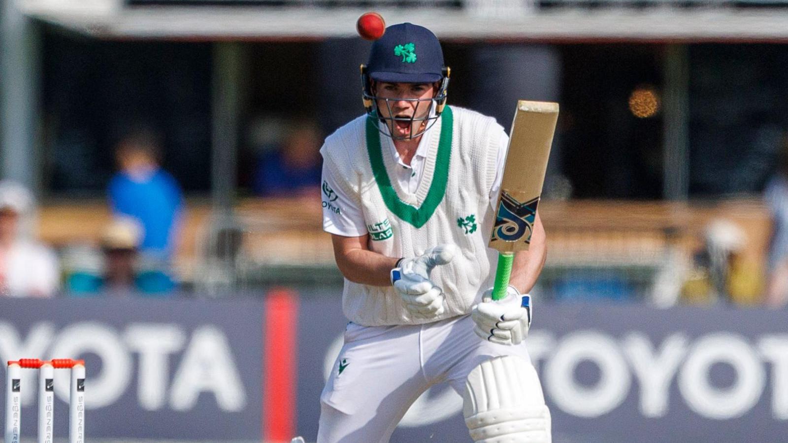 Ireland's Reuben Wilson turns down a single after he defends a ball during their Test against New Zealand