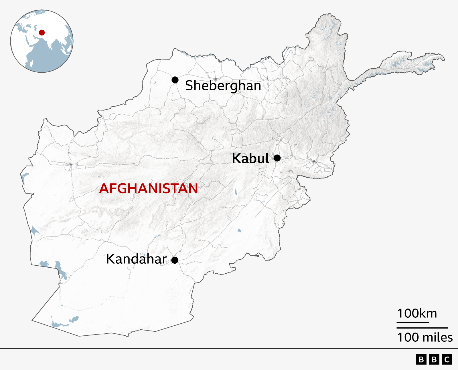Map of Afghanistan showing Sheberghan in the north, the capital Kabul, east of the centre of the country, and Kandahar in the south