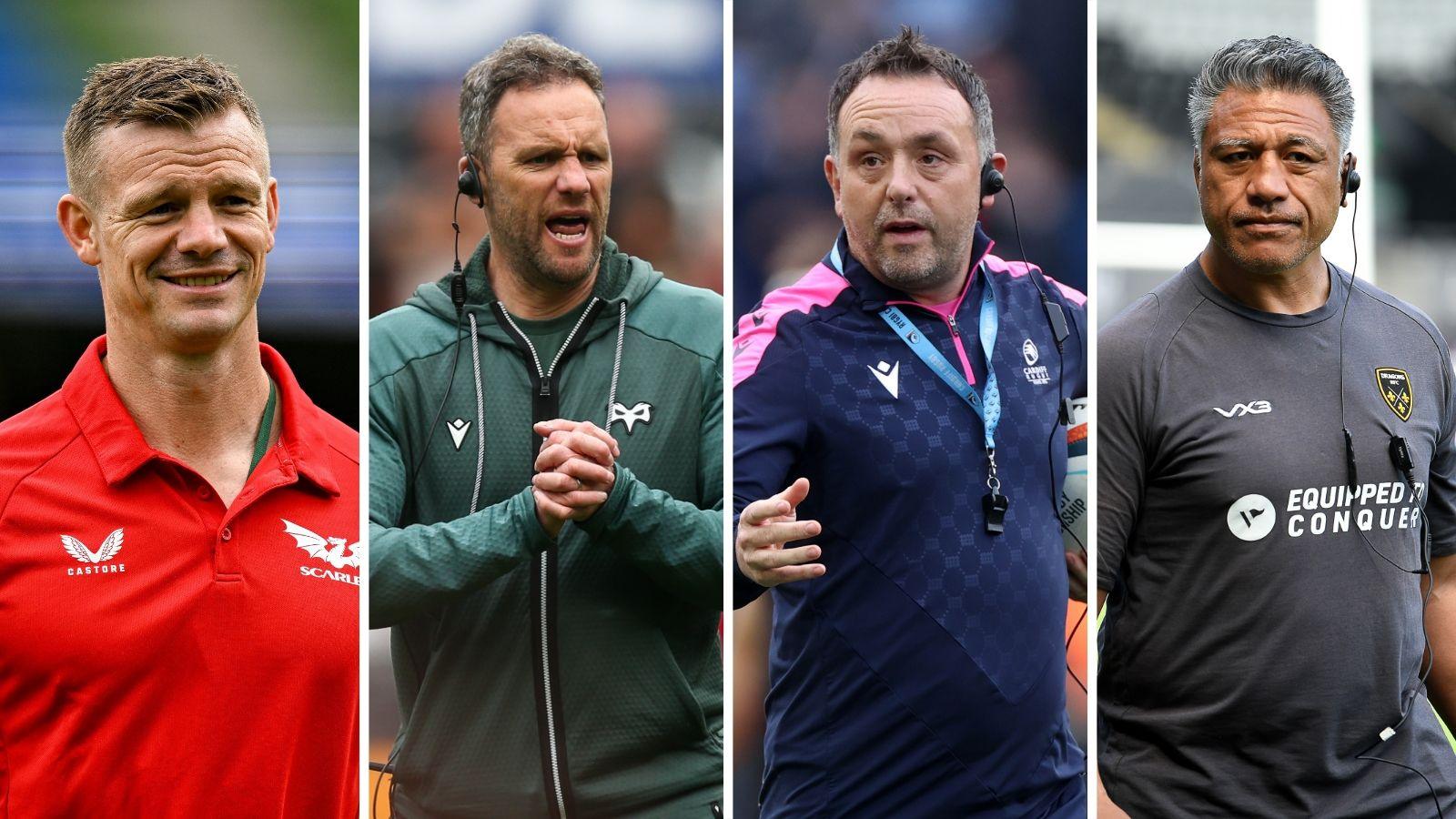 Prif hyfforddwr y Scarlets Dwayne Peel, prif hyfforddwr y Gweilch Mark Jones, prif hyfforddwr Caerdydd Matt Sherratt a phrif hyfforddwr y Dreigiau Filo Tiatia