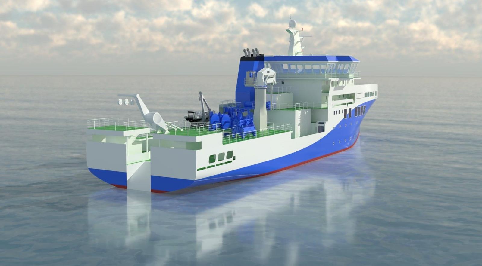 A rendering of a blue and white ship with a crane at the back