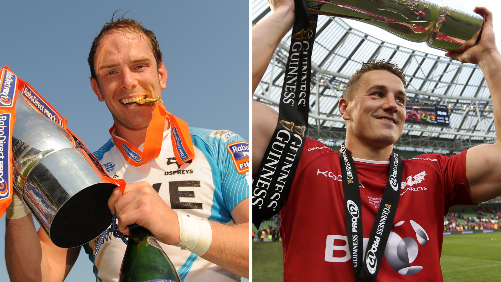 Alun Wyn Jones of Ospreys and Jonathan Davies of Scarlets lift the Pro12 trophy