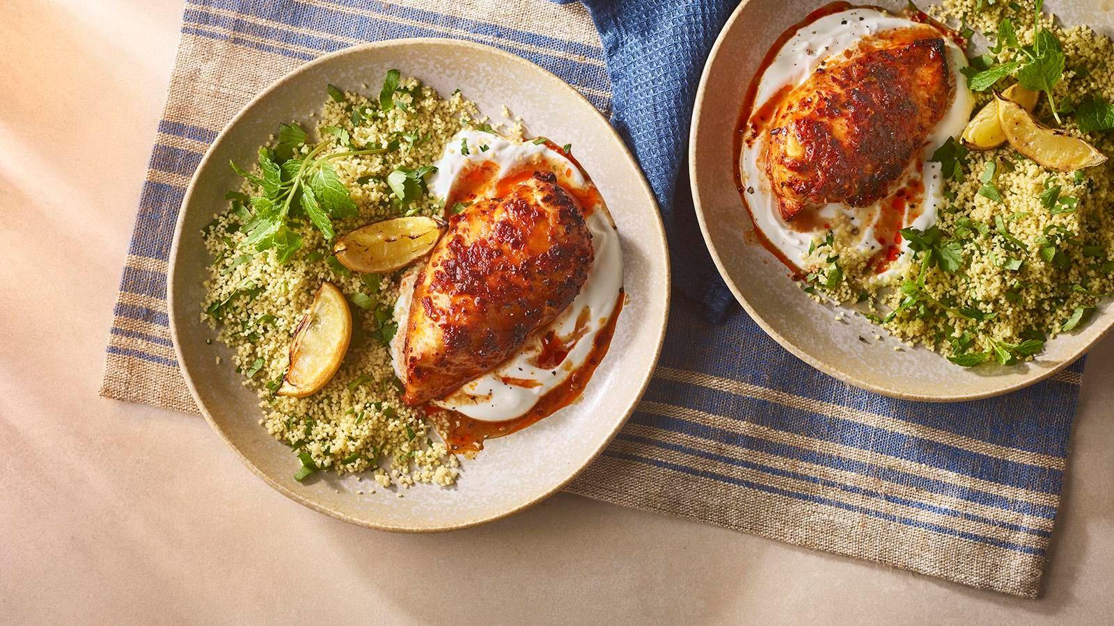 Air fryer harissa chicken with herby couscous