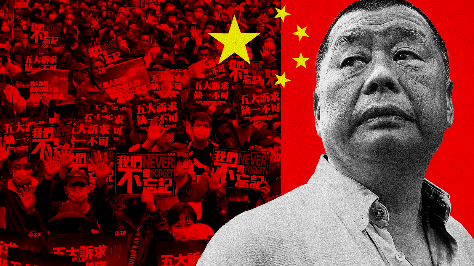 A composite image: A close-up of Jimmy Lai on the right, and the pro-democracy protesters of the 2019 Hong Kong protests. The Chinese flag is overlaid in the background. 