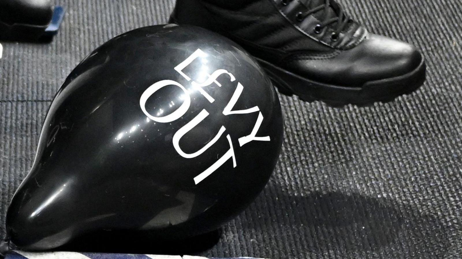 A 'Levy out' balloon during a Tottenham home game last season