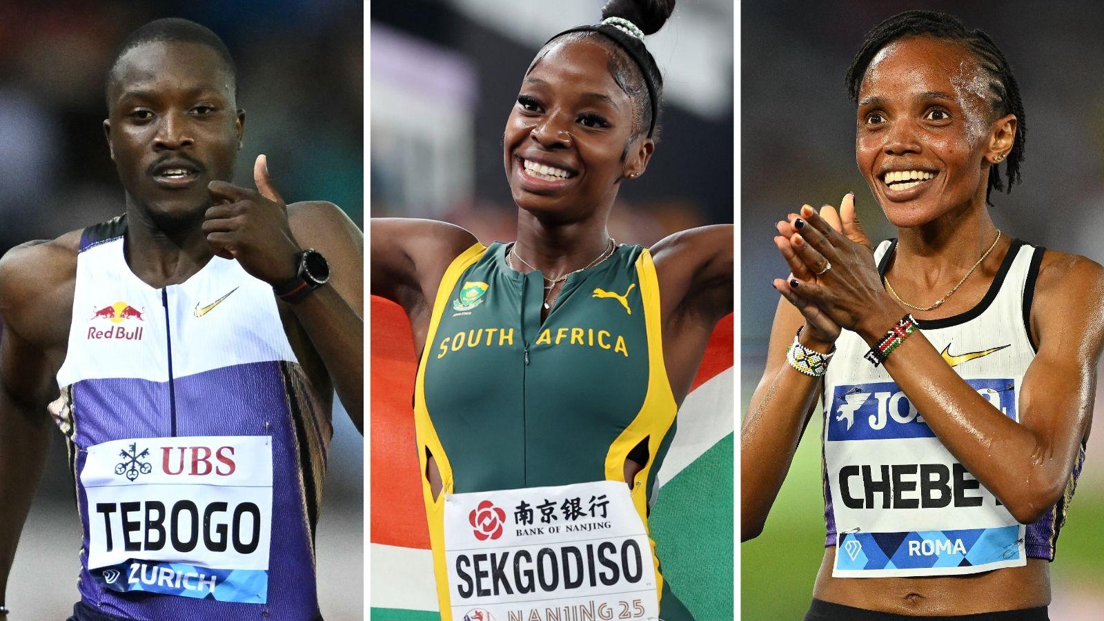 A triptych showing Letsile Tebogo, Prudence Sekgodiso and Beatrice Chebet at athletics events. Tebogo sprints towards the camera with his left arm raised, Sekgodiso smiles while holding up a South African flag behind her back and Chebet smiles while raising her hands to applaud