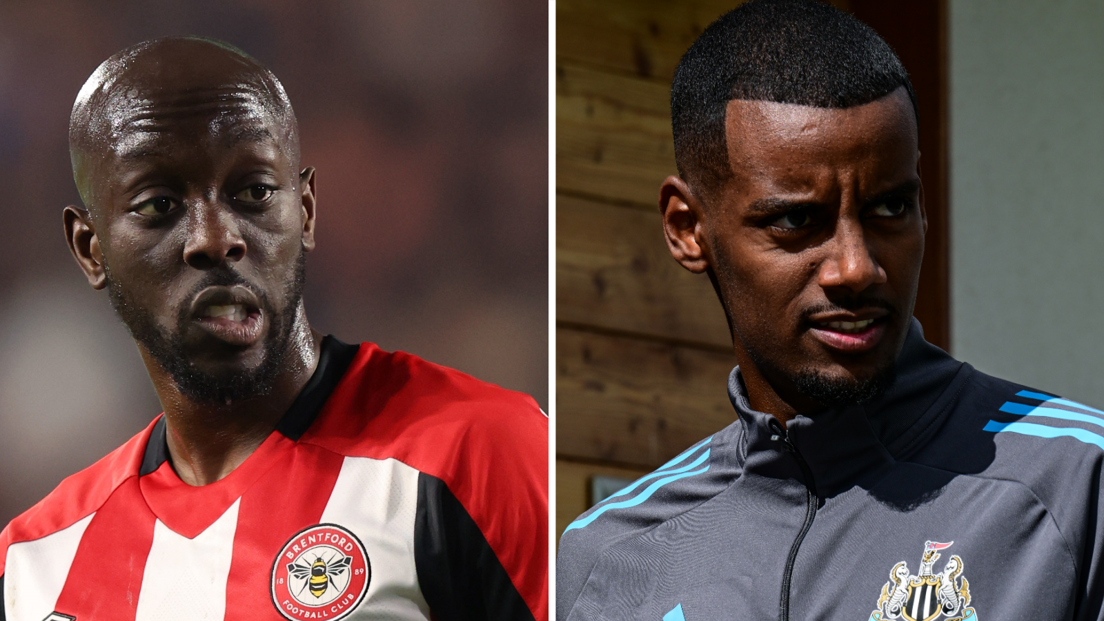 A split picture of Yoane Wissa playing for Brentford and Alexander Isak at Newcastle training