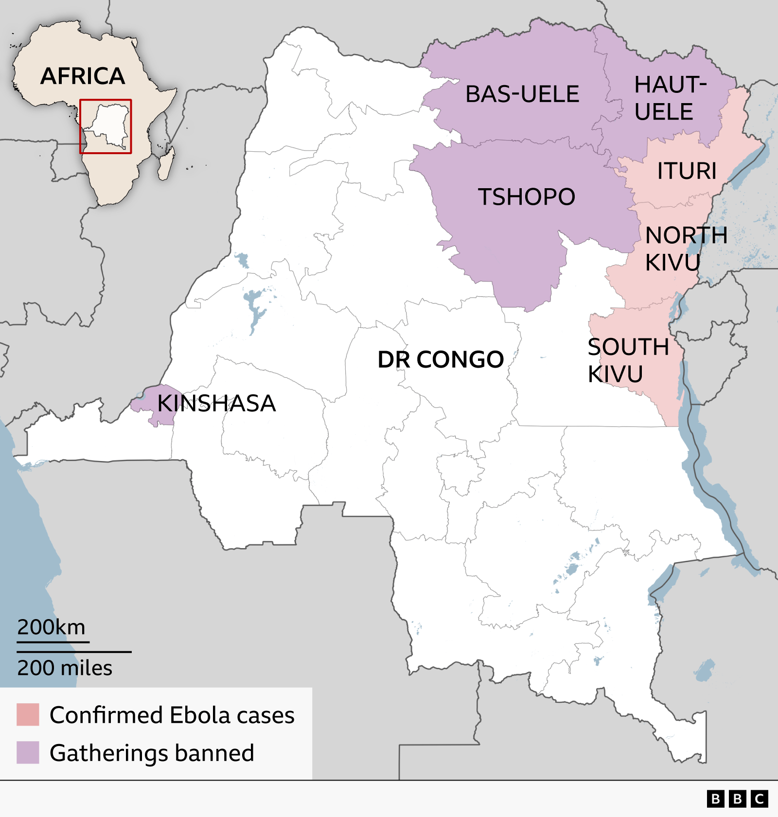 Map of the Democratic Republic of Congo showing provinces affected by Ebola-related restrictions. Confirmed Ebola cases are marked in pink in Ituri, North Kivu and South Kivu provinces in the east of the country. Provinces where public gatherings were recently banned are shaded purple, including Bas-Uele, Haut-Uele, Tshopo and Kinshasa. 