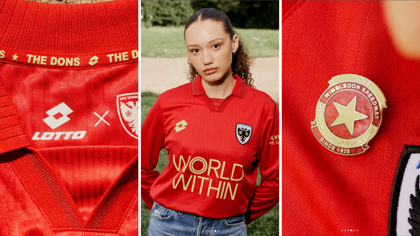 Model wears AFC Wimbledon 2026-27 away shirt