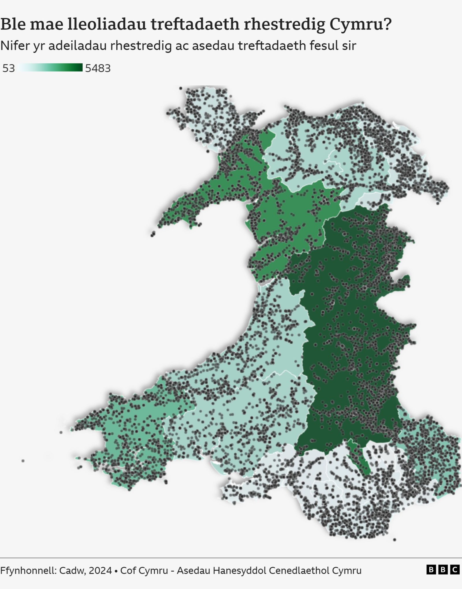 Map o Gymru yn cynnwys lleoliadau rhestredig Cymru