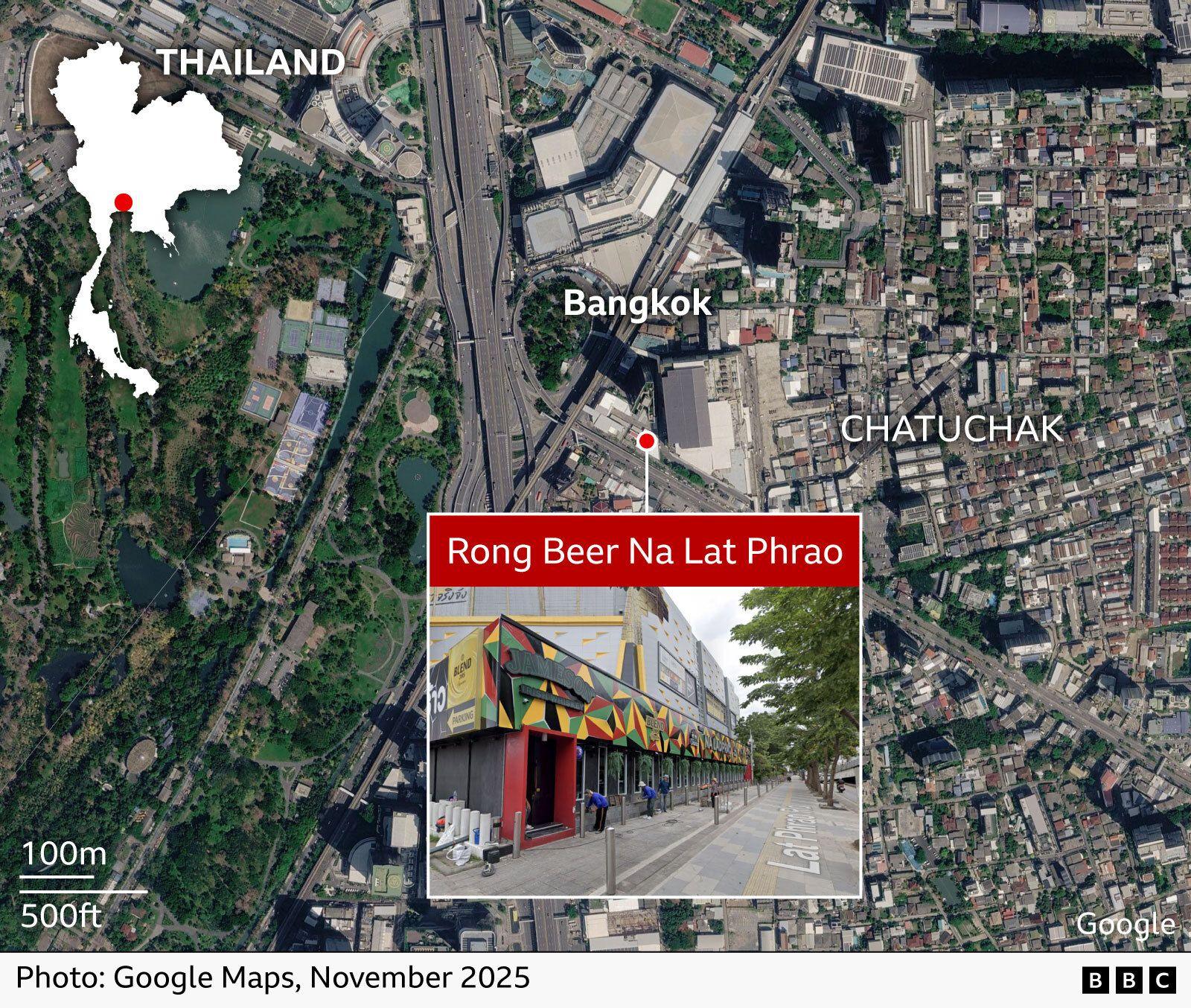 Satellite map of the Chatuchak district in Bangkok, Thailand, showing the location of Rong Beer Na Lat Phrao marked with a red dot near major roads and rail lines. An inset map of Thailand highlights the Bangkok area with a red marker. A photo inset shows the Rong Beer Na Lat Phrao building with a colourful geometric façade along Lat Phrao Road. The credit says “Photo: Google Maps, November 2025.” 