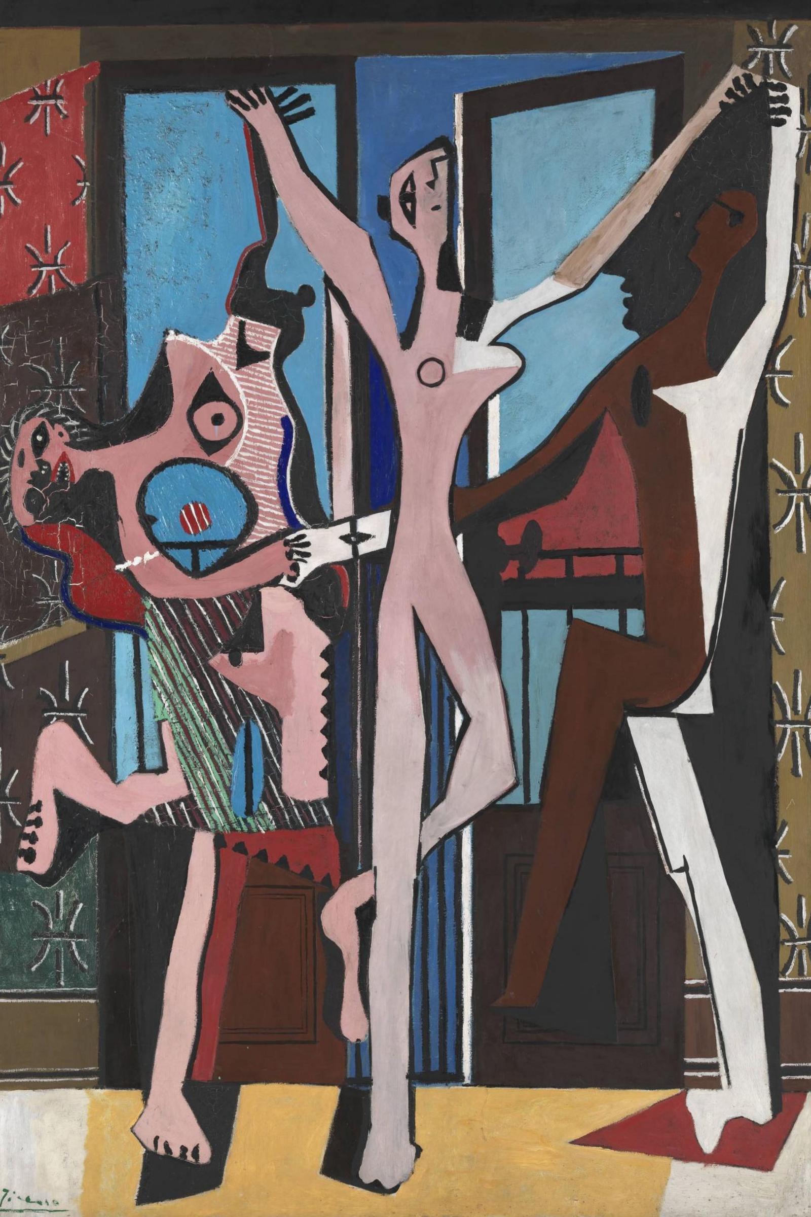 A Picasso work with Cubist elements and surrealism with three dancing figures depicting an emotionally charged love triangle - it features distorted, flattened figures in an irrational composition.