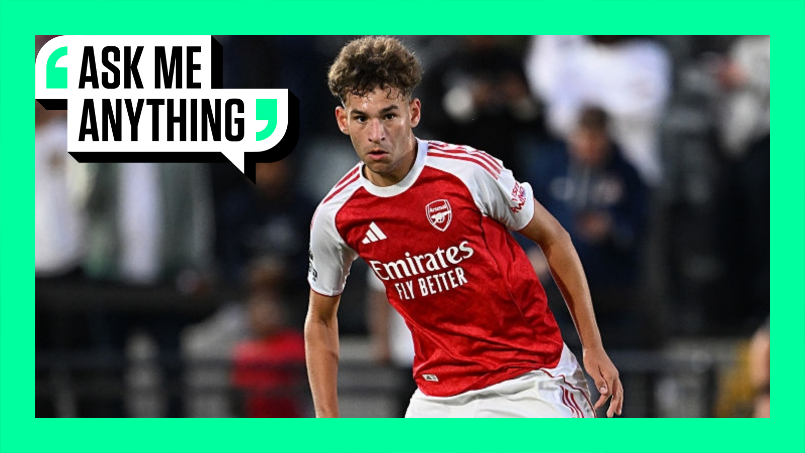 Brayden Clarke in action for Arsenal surrounded by a green border and the 'Ask Me Anything' logo in the top-left corner