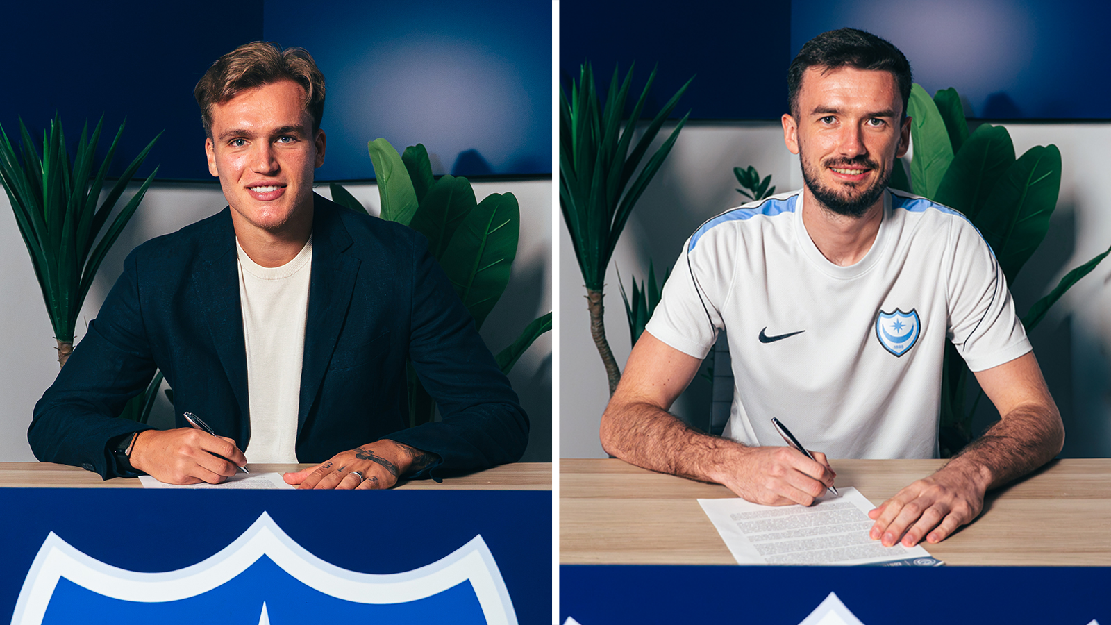 Marko Milovanovic (left) and Daniel Bielica (right) pose for photos after signing for Portsmouth
