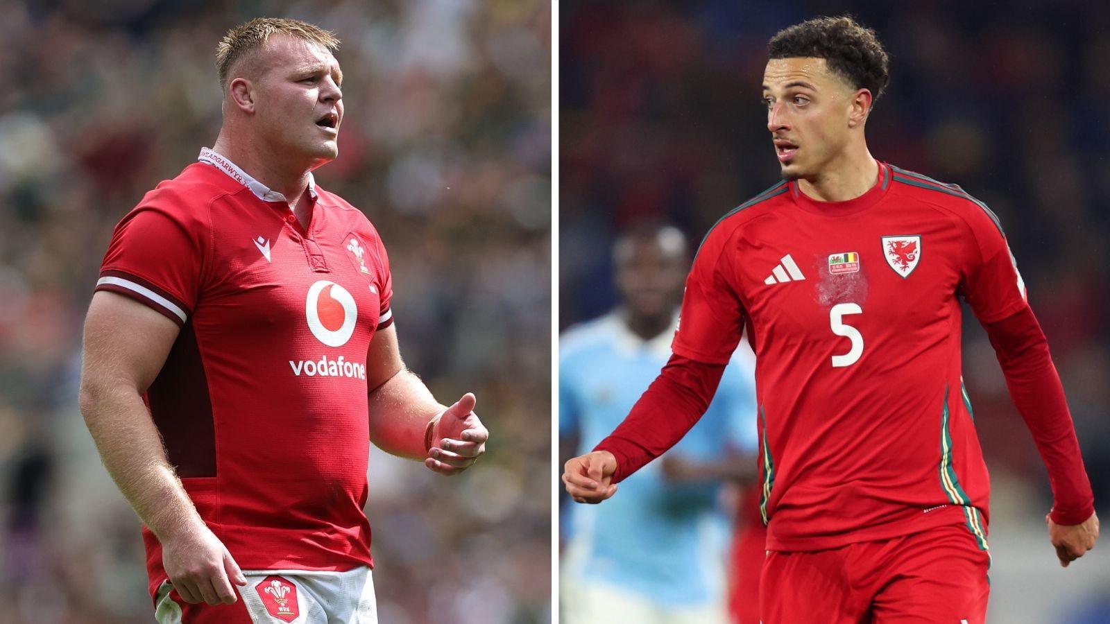 Wales rugby union hooker Dewi Lake (L) and Wales football midfielder Ethan Ampadu