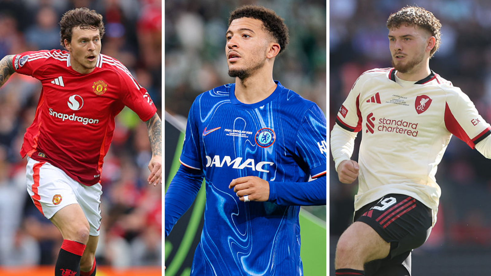 Split picture of Victor Lindelof playing for Manchester United, Jadon Sancho playing for Chelsea and Harvey Elliott playing for Liverpool