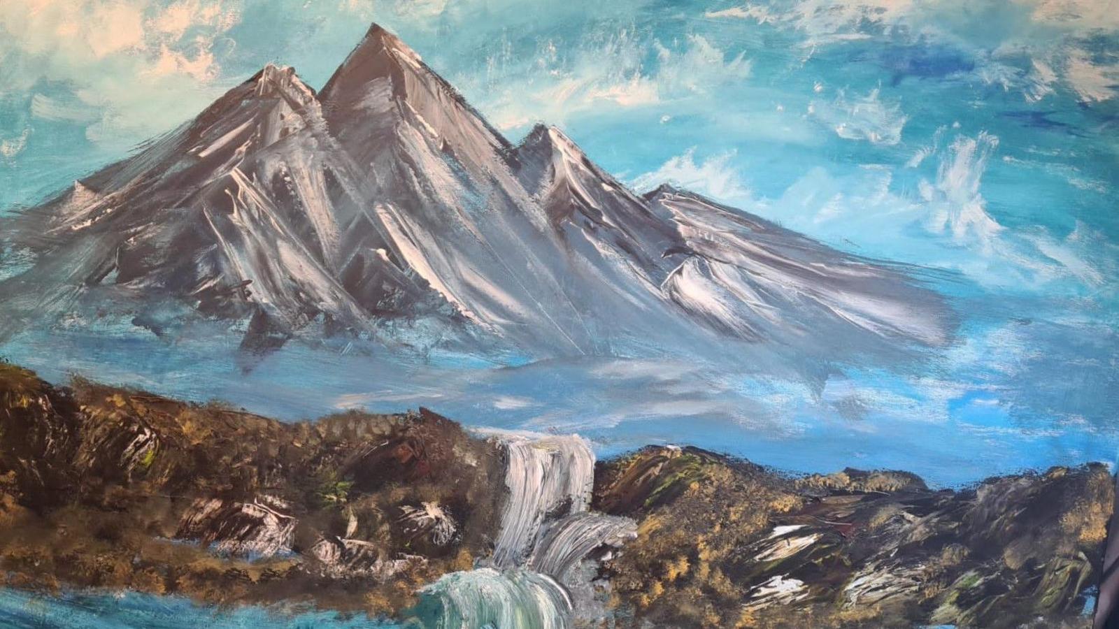 Lily's artwork. It is acrylic paint on canvas. It is bright blue and has lots of colours. It is incredibly detailed.