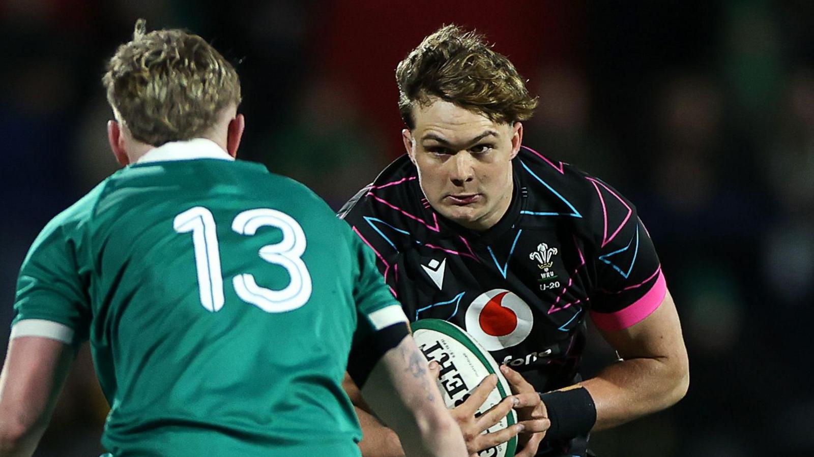 Dom Kossuth carries the ball for Wales Under-20s against Ireland in Cork