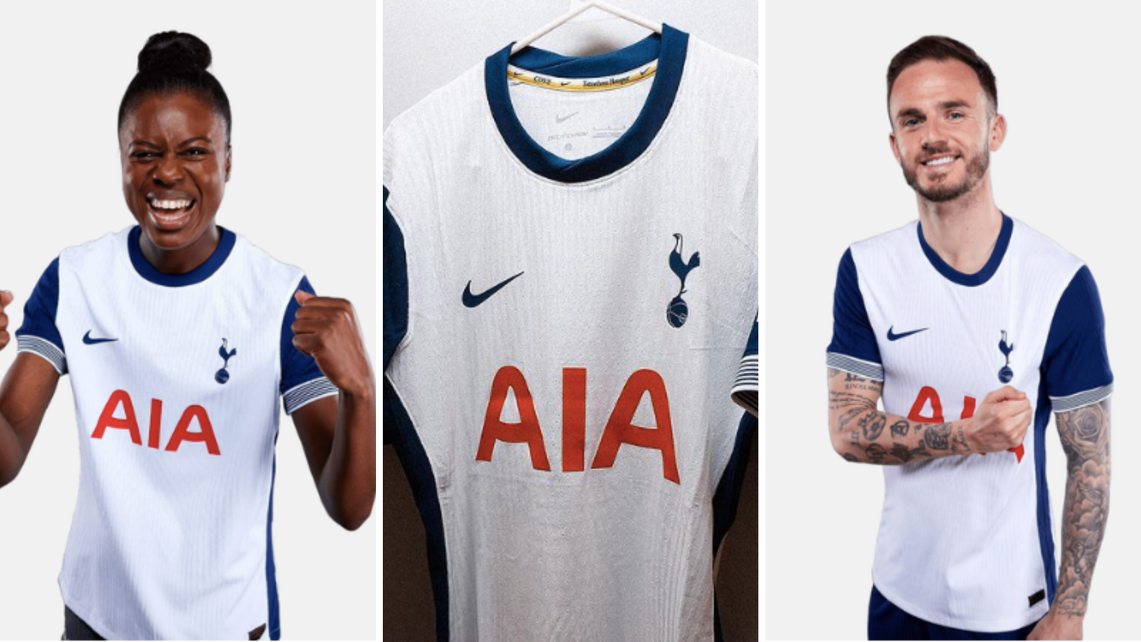 Jessica Naz and James Maddison model Tottenham's new home shirt.