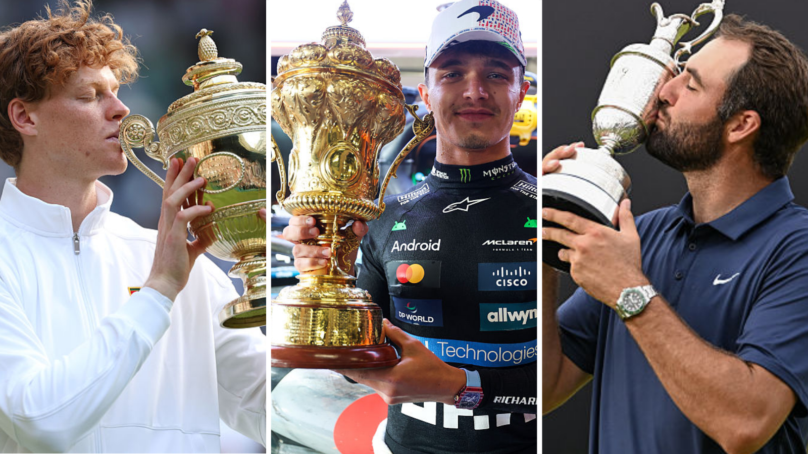 Jannik Sinner, Lando Norris and Scottie Scheffler won the Wimbledon men's title, British Formula One Grand Prix and the Open Championship in July 2025 - split picture shows all celebrating with their trophies, Sinner and Scheffler both kissing theirs while Norris holds his.