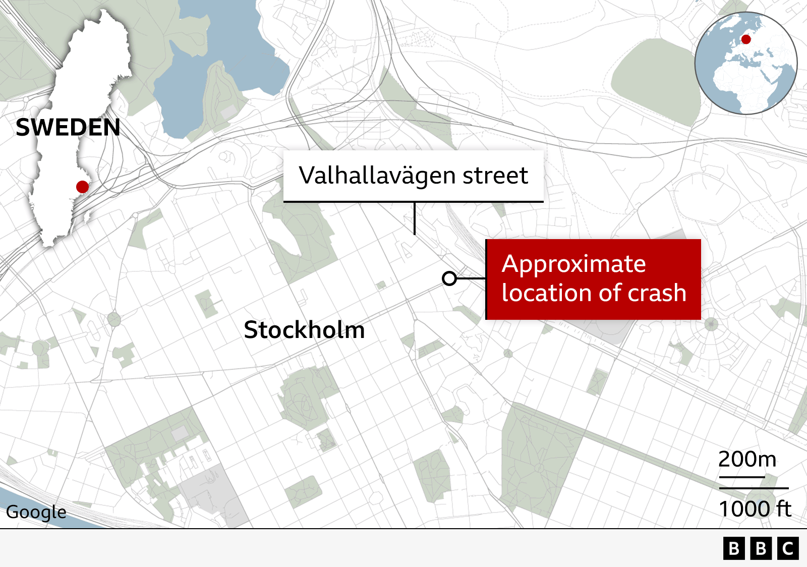 Stockholm map showing the location of the bus crash.