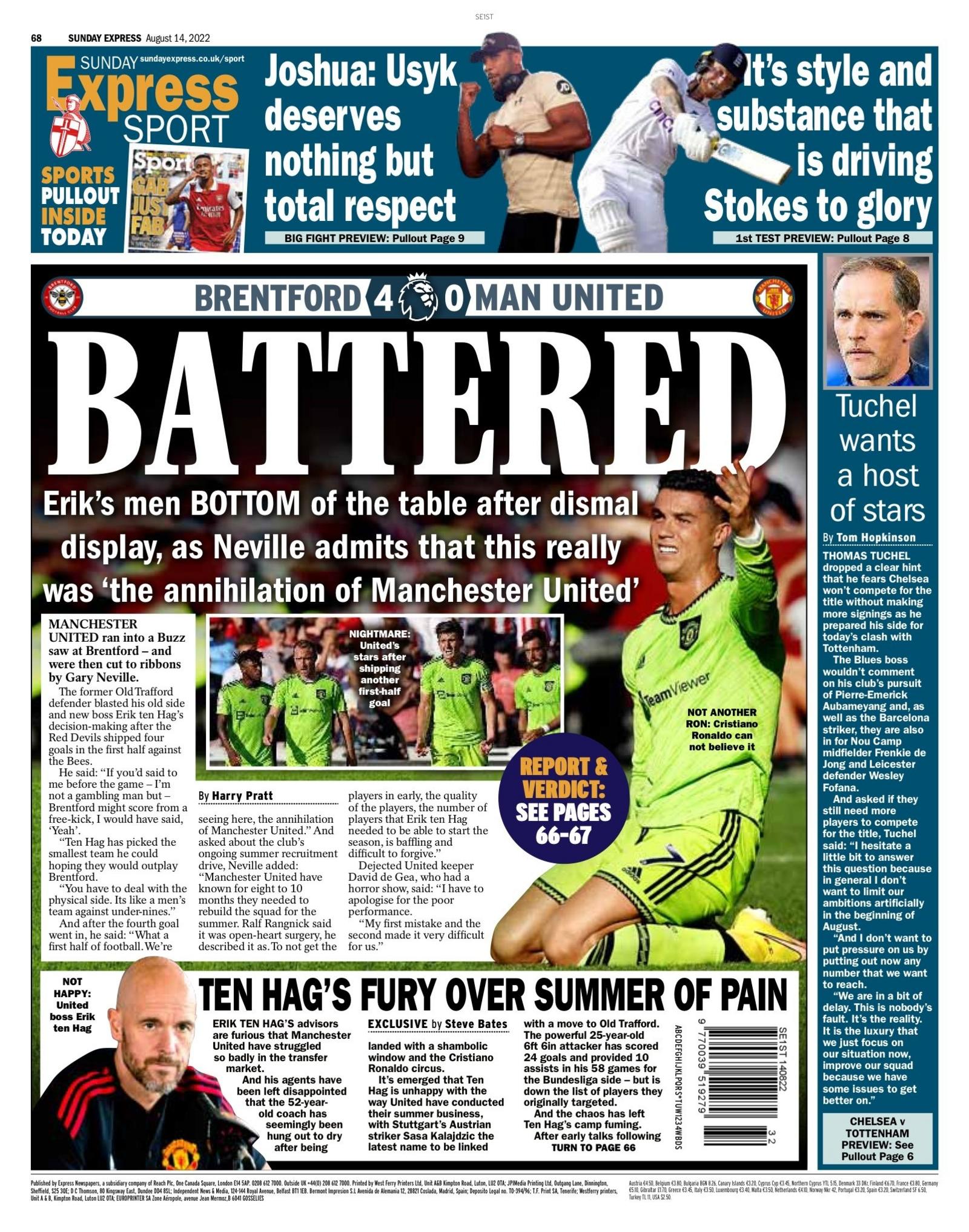 Sunday Express back page on 14 August 2022