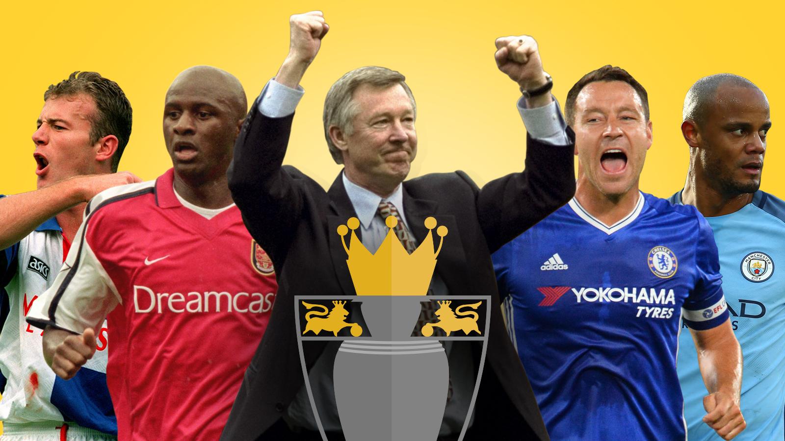 Alan Shearer (left), Patrick Vieira (second from left), Sir Alex Ferguson (centre), John Terry (second from right) and Vincent Kompany (right)