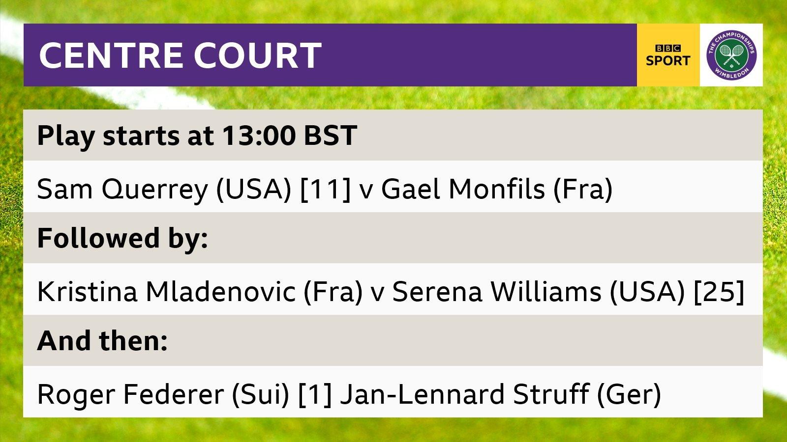 Graphic showing Friday's order of play on Centre Court