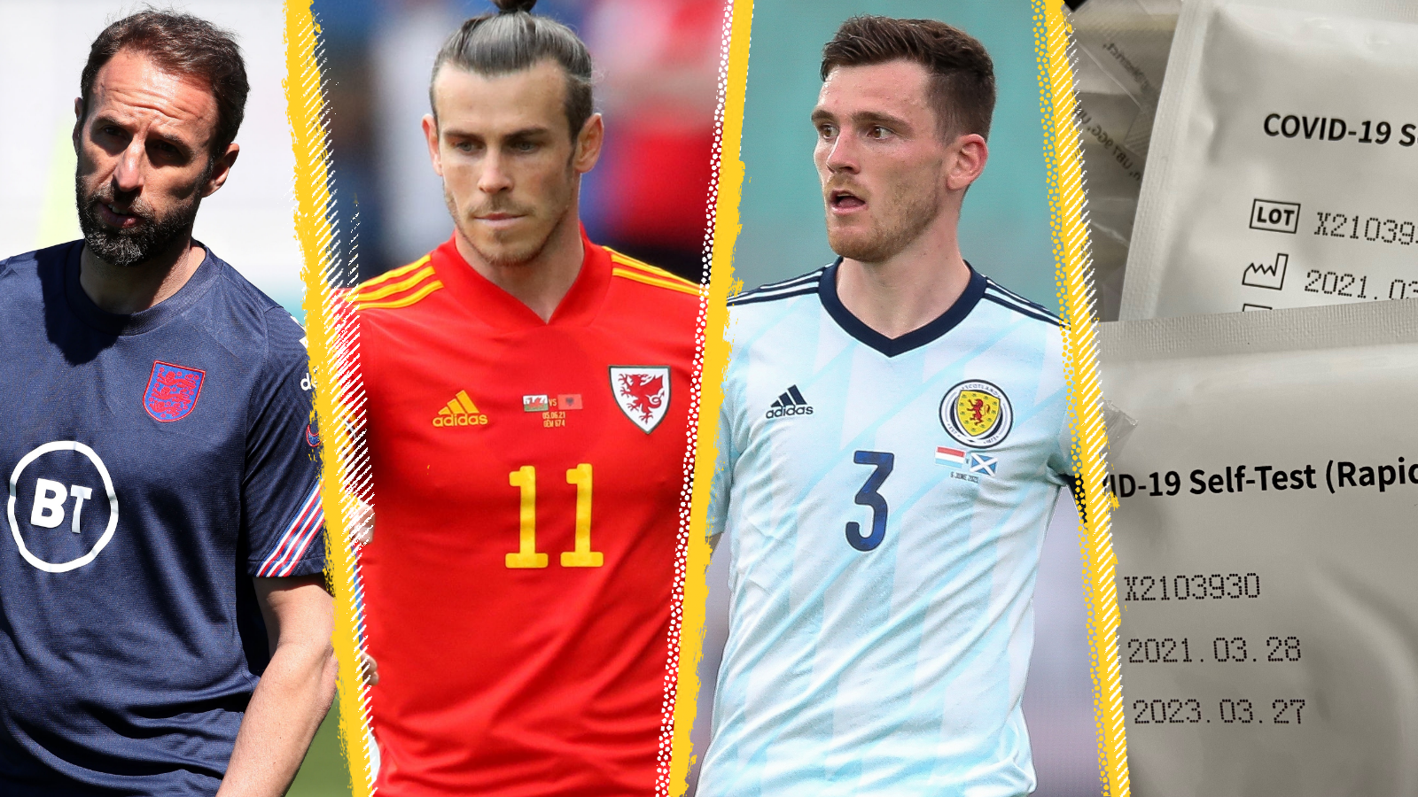Gareth Southgate (left), Gareth Bale (centre-left), Andy Robertson (centre-right) and lateral flow tests