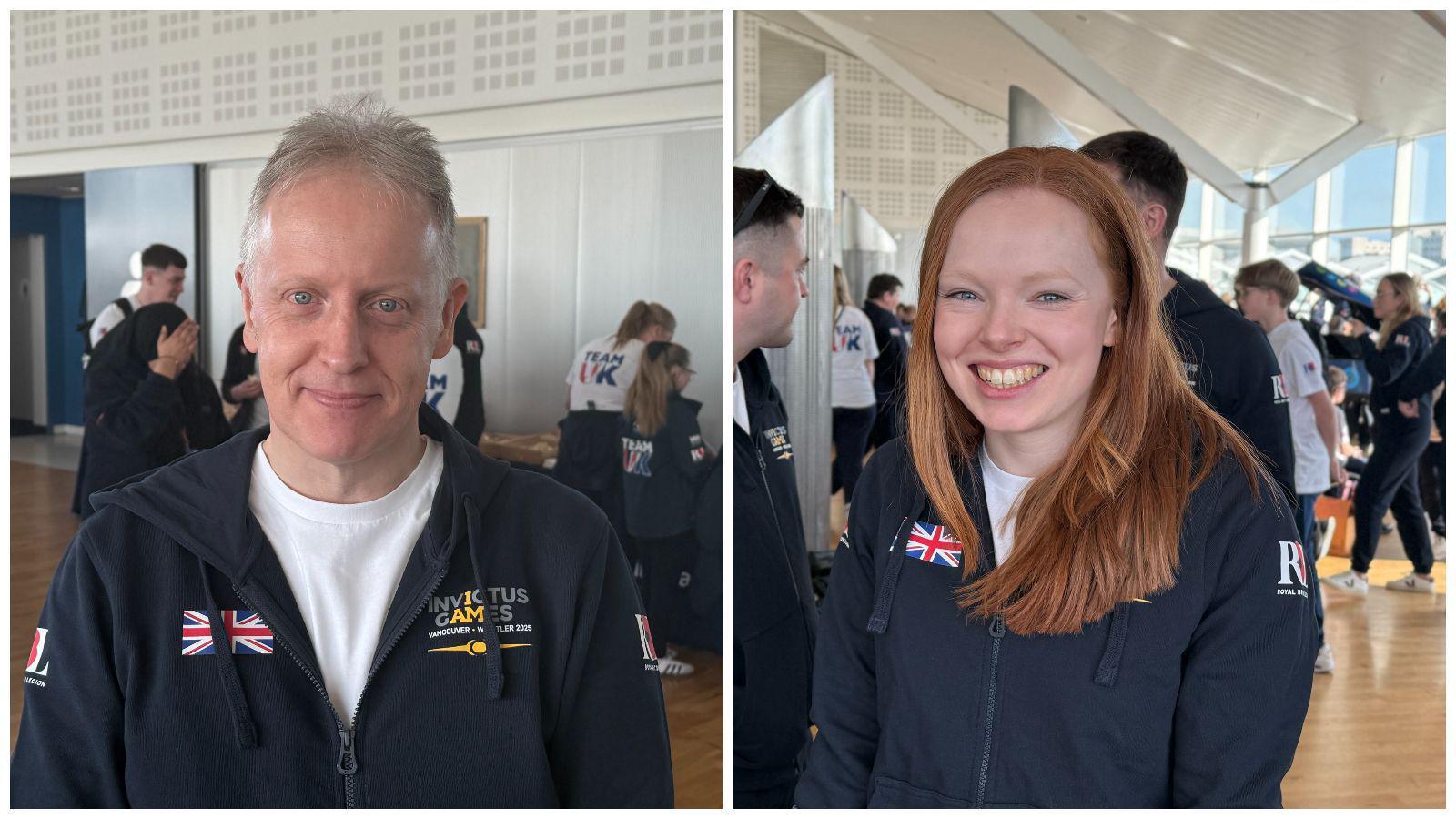 On the left is Rob Shenton who has spikey grey hair and is wearing a blue hoodie that has the union jack on the left side. On the right is Samantha May who has shoulder length ginger hair and is smiling. She is also wearing a blue hoodie that has the union jack on the left side