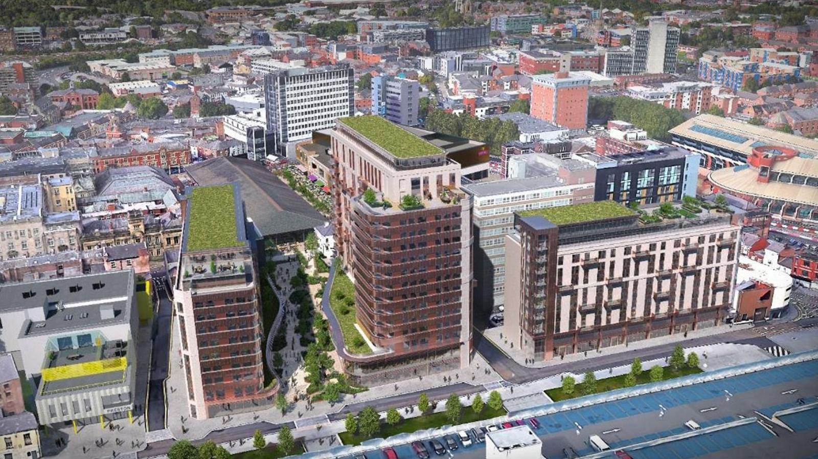 A computer generated images showing a birds eye view of the new proposed buildings. From left to right: blocks B, A and C show how they will look once complete.   